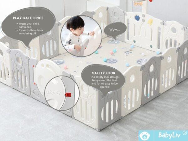 BabyLiv® 18+2 Panel Playpen with Ultra Soft Mat and Basketball Set. Kids Activity Centre Safe & Spacious Play Yard for Home Indoor Outdoor, Ball Pool Area for Toddlers(Grey). ISO 9001:2015 CERTIFIED, CE CERTIFIED