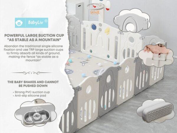 BabyLiv® 18+2 Panel Playpen with Ultra Soft Mat and Basketball Set. Kids Activity Centre Safe & Spacious Play Yard for Home Indoor Outdoor, Ball Pool Area for Toddlers(Grey). ISO 9001:2015 CERTIFIED, CE CERTIFIED
